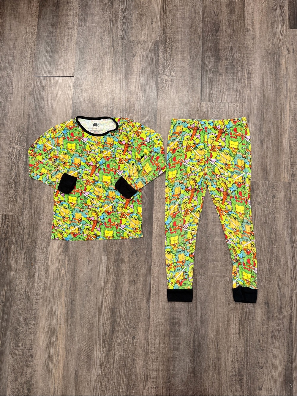 Kids Green Ninja Turtles Print Pajama Set with Black Trim